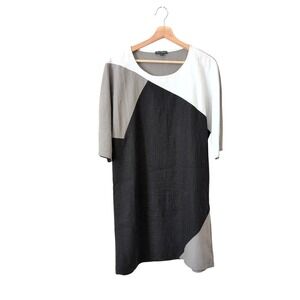 For Cynthia Linen Blend Colorblock Shift Dress Gray Black White Small Lagenlook